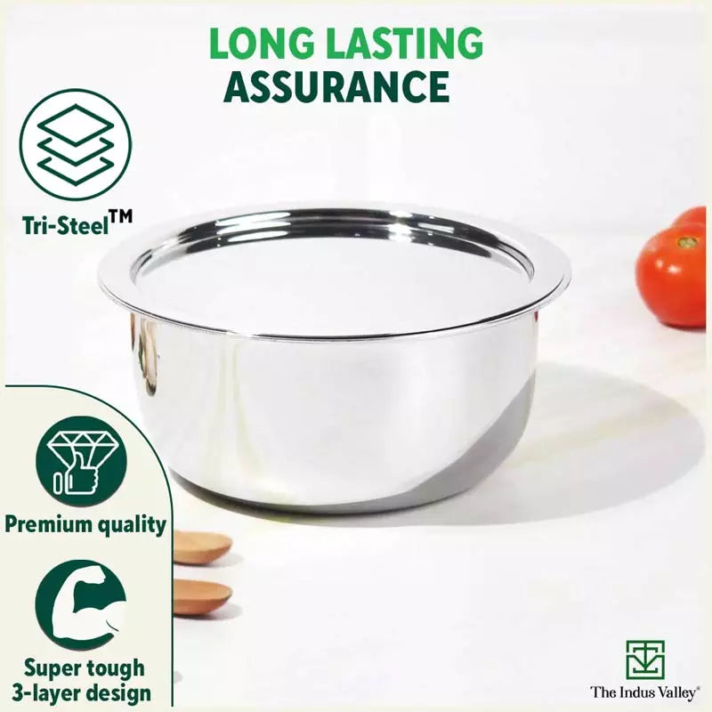 TurboCuk Tri-ply Stainless Steel Tope/Tapeli/Bhagona/Patila+ Steel Lid, Premium Quality, 3 Layer Thick Body, 100% Toxin-free, Non-stick, Induction & Gas, 2.2/3.1L