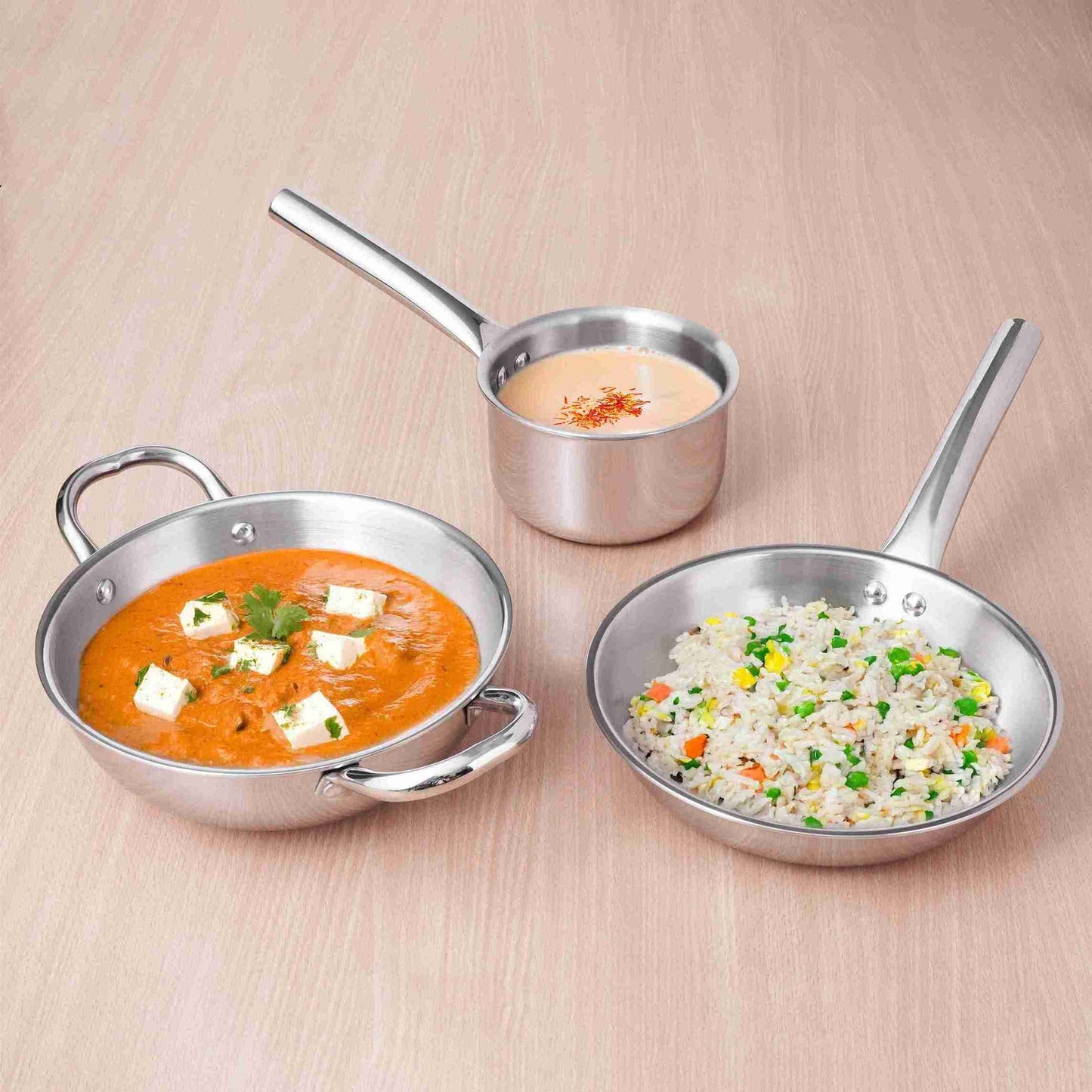 TurboCuk Tri-ply Stainless Steel Cookware Set: 2.2L Kadai+ 1.4L Frypan+ 1.2L Tea/Milk pan, Premium Quality, 3 Layer Thick Body, 100% Toxin-free, Non-stick, Induction & Gas
