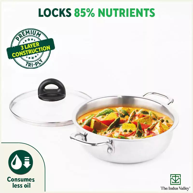 TurboCuk Tri-ply Stainless Steel Deep Fry Pan+ Glass Lid, Premium Quality, 3 Layer Thick Body, 100% Toxin-free, Non-stick, Induction & Gas, 20.3cm, 1.5 L, 1.38kg