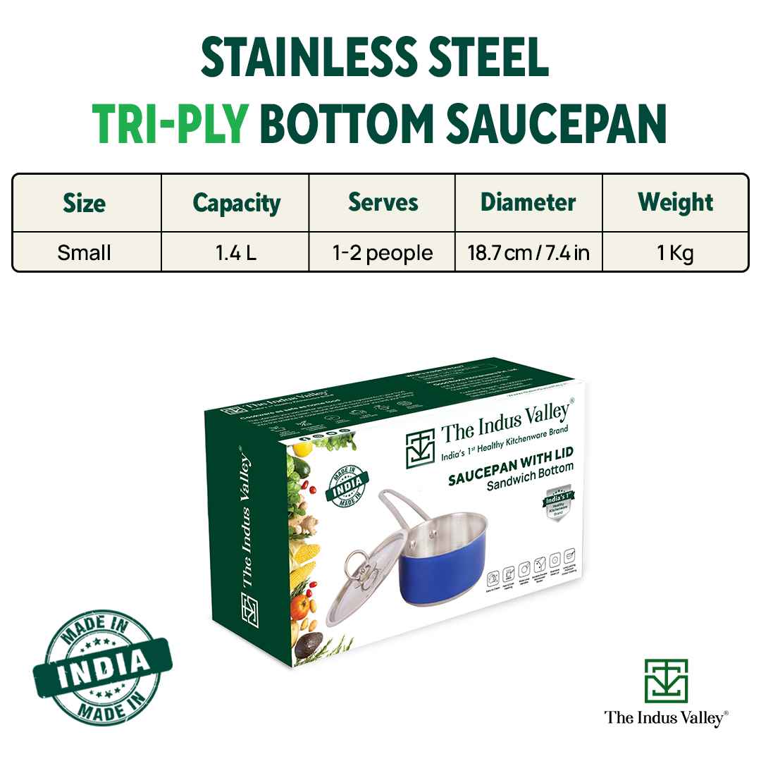 Tri-Steel Premium Stainless Steel Saucepan/ Milk/ Tea Pan, Tri-ply (3 Layer) Induction Bottom, Steel Lid, 1.4L, Blue