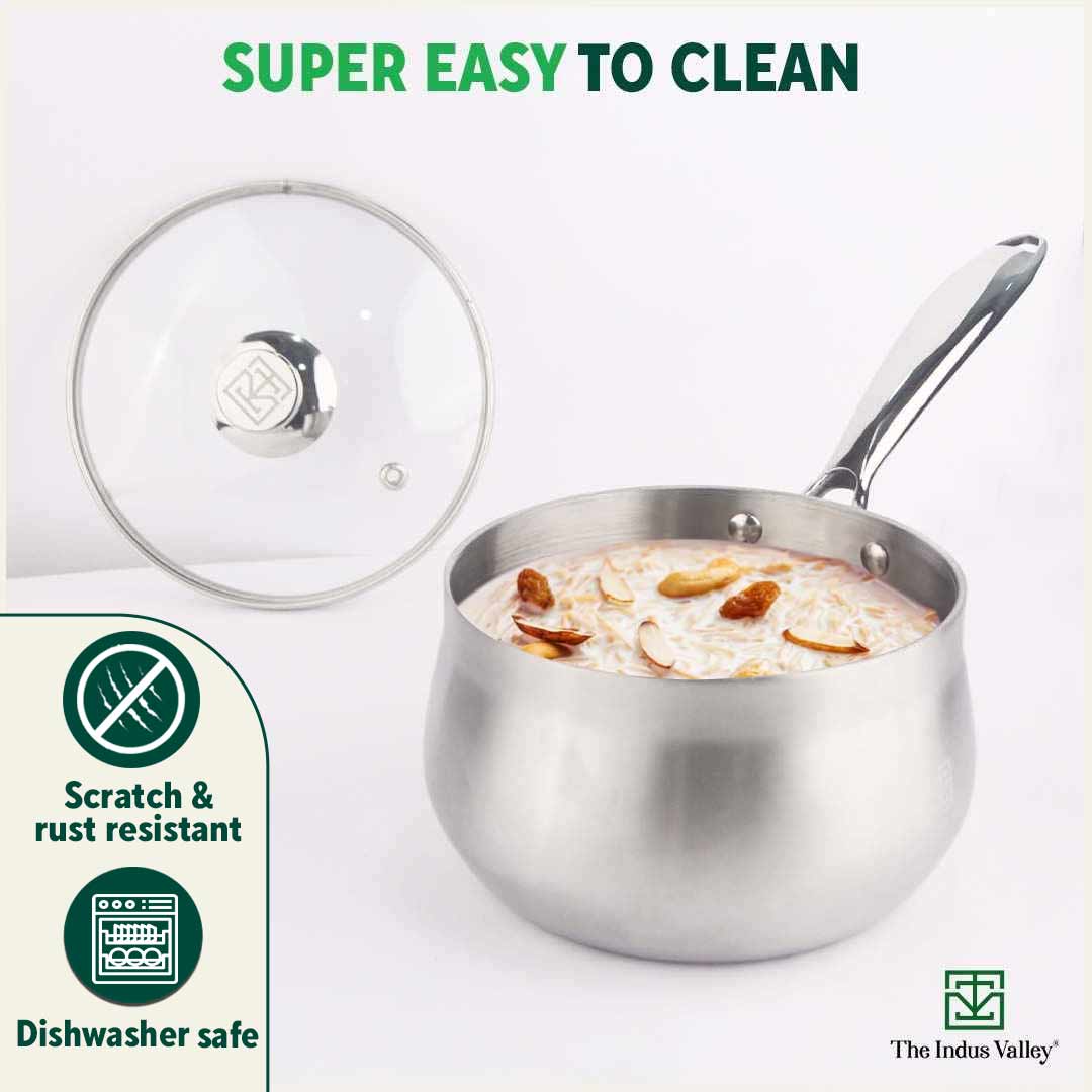 TurboCuk Tri-ply Stainless Steel Saucepan/ Milk/ Tea Pan+ Glass Lid, Premium Quality, 3 Layer Thick Body, 100% Toxin-free, Non-stick, Induction & Gas, 1.5/3.5L