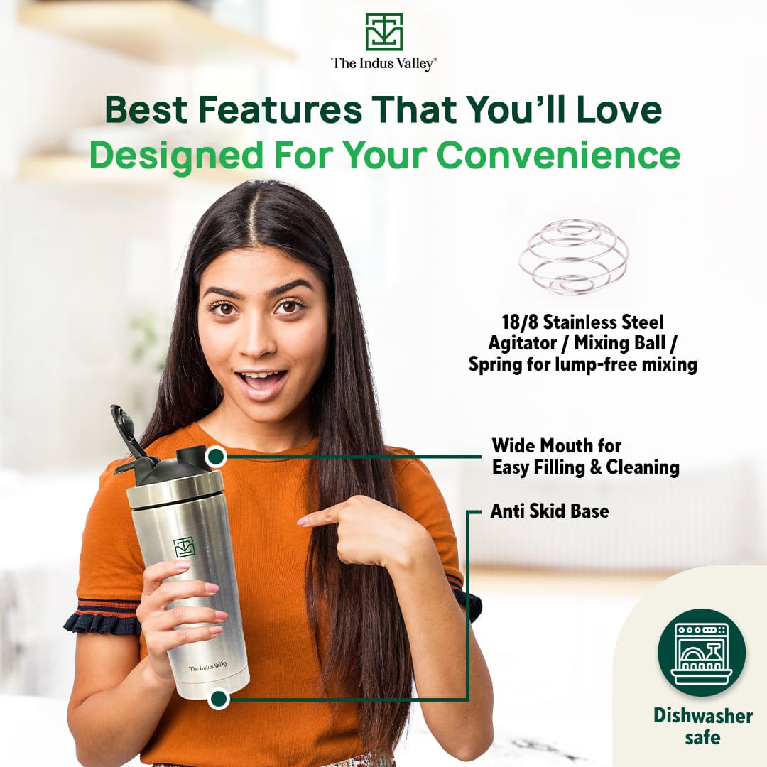 Vacuum Insulated Stainless Steel Gym Shaker Bottle with Steel Agitator for Pre/Post Workout, 750ml