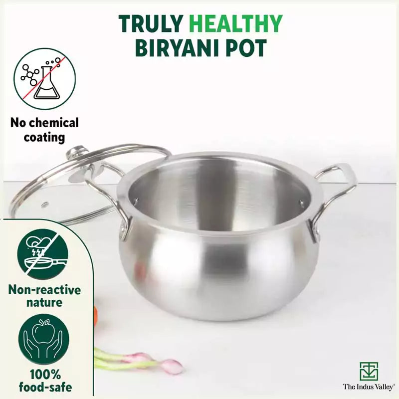 TurboCuk Tri-ply Stainless Steel Handi Casserole/ Biryani Cooking Pot+ Glass Lid, Premium Quality, 3 Layer Thick Body, 100% Toxin-free, Non-stick, Induction & Gas, 4L