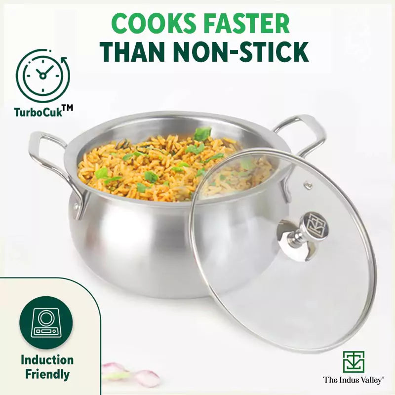 TurboCuk Tri-ply Stainless Steel Handi Casserole/ Biryani Cooking Pot+ Glass Lid, Premium Quality, 3 Layer Thick Body, 100% Toxin-free, Non-stick, Induction & Gas, 4L