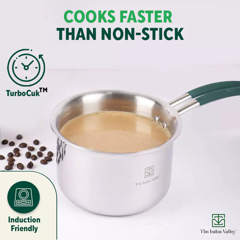 TurboCuk Tri-ply Stainless Steel Tea/Milk Pan/Saucepan+ Steel Lid, Premium Quality, 3 Layer Thick Body, 100% Toxin-free, Non-stick, Induction & Gas, 1.4/2/3L