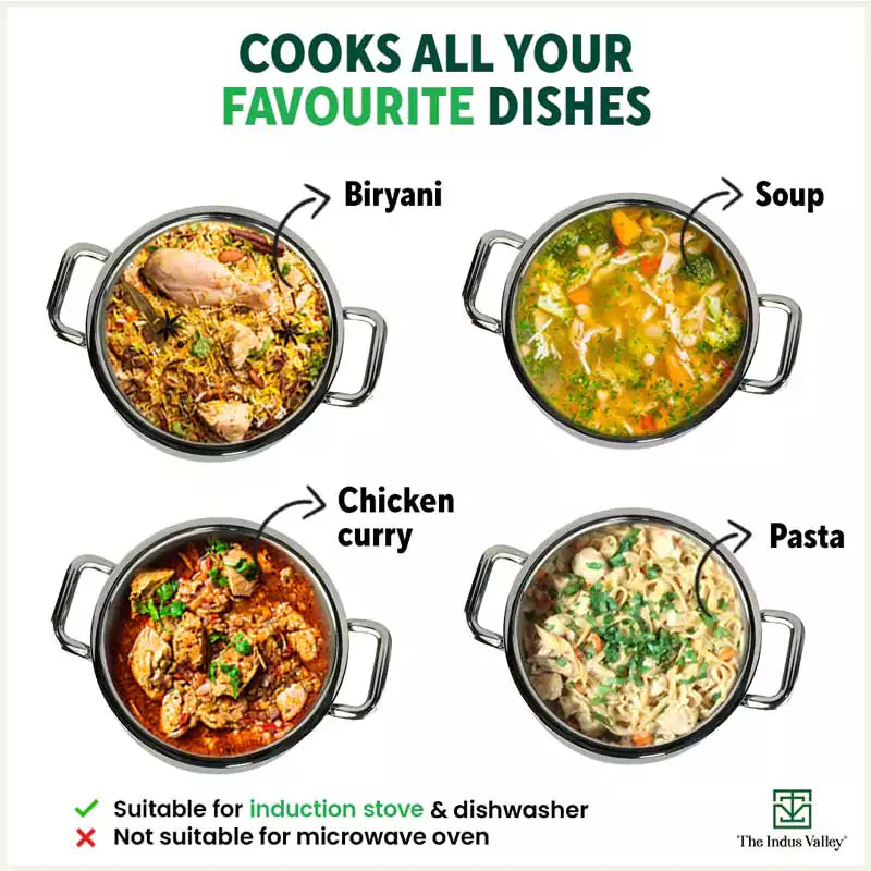 TurboCuk Tri-ply Stainless Steel Handi Casserole/ Biryani Cooking Pot+ Glass Lid, Premium Quality, 3 Layer Thick Body, 100% Toxin-free, Non-stick, Induction & Gas, 4L