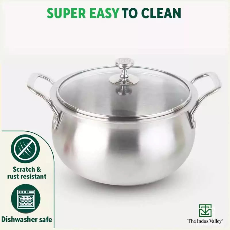 TurboCuk Tri-ply Stainless Steel Handi Casserole/ Biryani Cooking Pot+ Glass Lid, Premium Quality, 3 Layer Thick Body, 100% Toxin-free, Non-stick, Induction & Gas, 4L