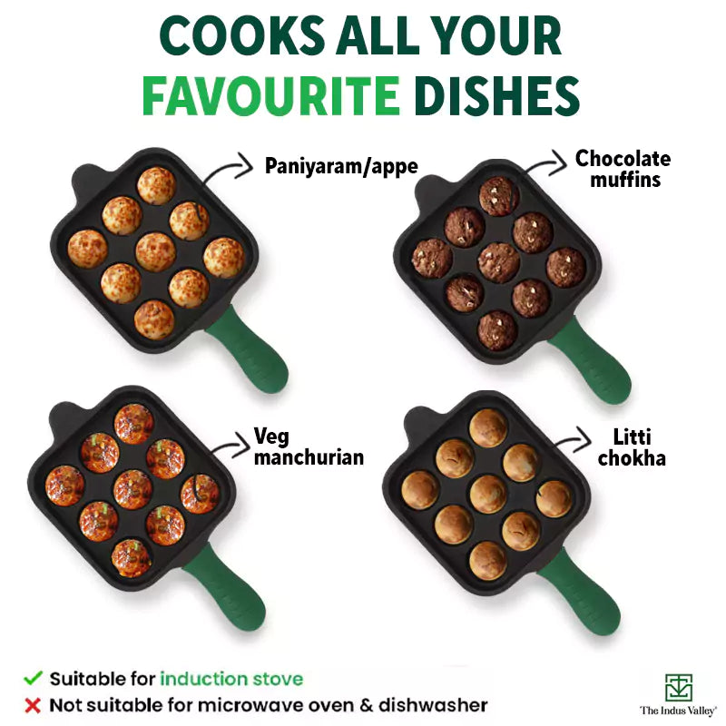 9 Pit/Cup CASTrong Cast Iron Paniyaram/Appe Pan+ Cool Silicone Grip, Pre-seasoned, Nonstick, 100% Pure, Toxin-free, 18cm, 2.4 kg