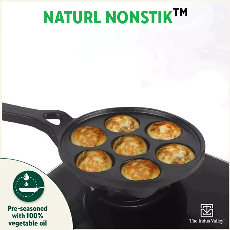 7 Pit/Cup CASTrong Cast Iron Paniyaram/Appe pan+ Free Spatula, Round, Long handle, Pre-seasoned, Nonstick, 100% Pure, Toxin-free, 21.5cm, 1.7kg