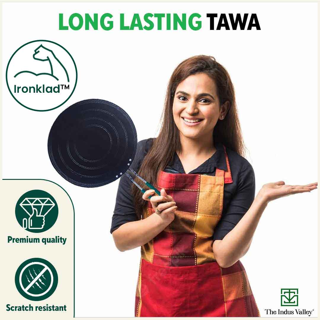 100% Pure Sheet Iron Tawa, Concave, Toxin-free, Seasoned, Silicone Handle,25.5cm/30.5cm