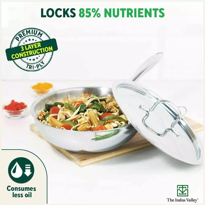 TurboCuk Tri-ply Stainless Steel Wok/Fry Pan+ Steel Lid, Premium Quality, 3 Layer Thick Body, 100% Toxin-free, Non-stick, Induction & Gas, 1.8/2.3L, 1.3/1.4kg