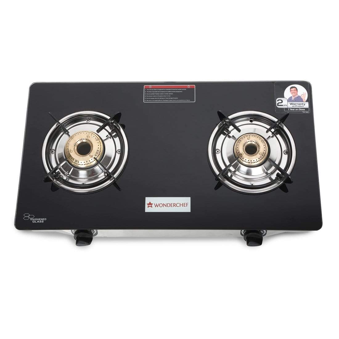 Zest 2 Burner Glass Cooktop,  Black 7mm Toughened Glass with 1 Year Warranty, Ergonomic Knobs, Efficient Brass Burners, Stainless-steel Spill Tray, Manual Ignition