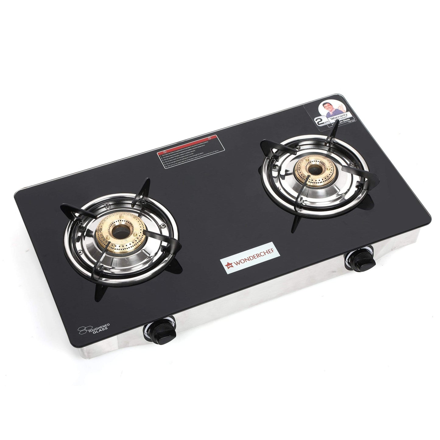 Zest 2 Burner Glass Cooktop,  Black 7mm Toughened Glass with 1 Year Warranty, Ergonomic Knobs, Efficient Brass Burners, Stainless-steel Spill Tray, Manual Ignition