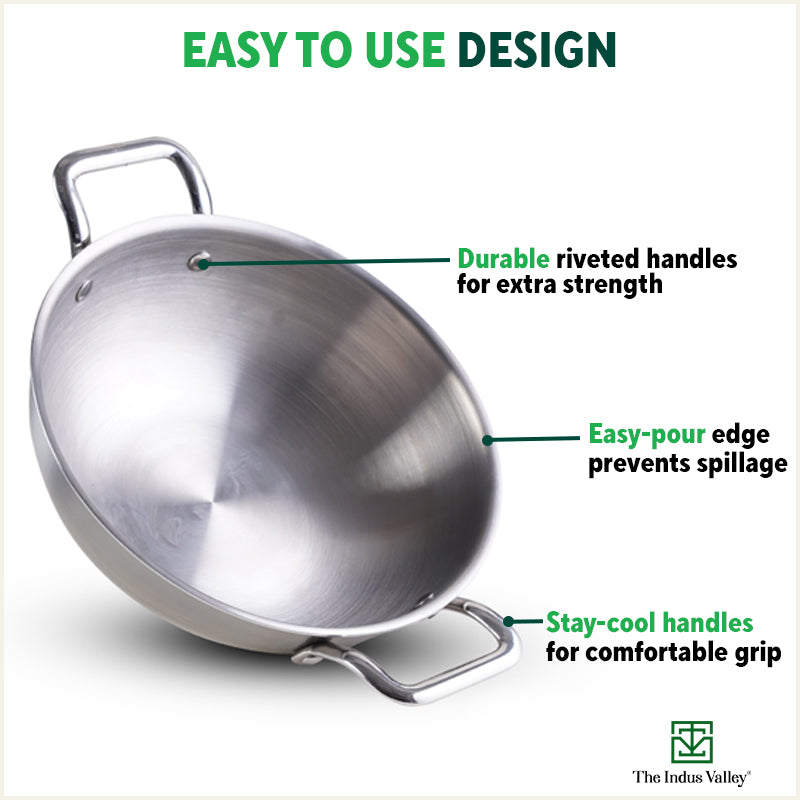 TurboCuk Tri-ply Stainless Steel Kadai+ Glass Lid, Premium Quality, 3 Layer Thick Body, 100% Toxin-free, Non-stick, Induction & Gas, 1.7/2.7/4L