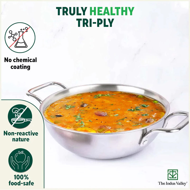 TurboCuk Tri-ply Stainless Steel Kadai, Premium Quality, 3 Layer Thick Body, 100% Toxin-free, Non-stick, Induction & Gas, Free ₹110 Spatula, 1.7/2.7/4L