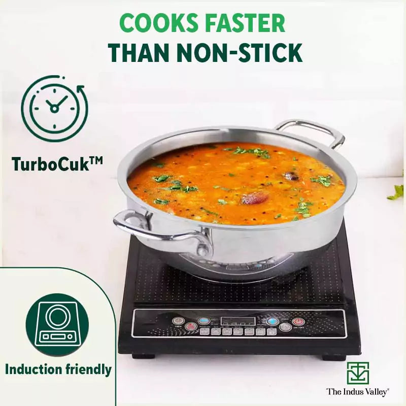TurboCuk Tri-ply Stainless Steel Deep Fry Pan+ Glass Lid, Premium Quality, 3 Layer Thick Body, 100% Toxin-free, Non-stick, Induction & Gas, 20.3cm, 1.5 L, 1.38kg