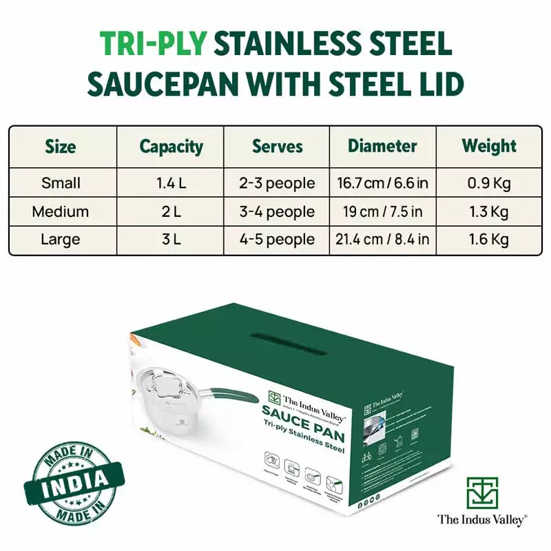 TurboCuk Tri-ply Stainless Steel Tea/Milk Pan/Saucepan+ Steel Lid, Premium Quality, 3 Layer Thick Body, 100% Toxin-free, Non-stick, Induction & Gas, 1.4/2/3L