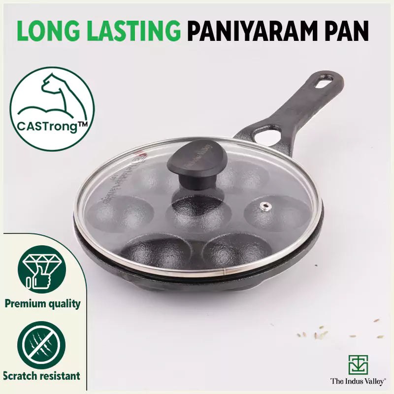 7 Pit/Cup CASTrong Cast Iron Paniyaram/Appe Pan+ Glass Lid, Pre-seasoned, Nonstick, 100% Pure, Toxin-free, 21 cm, 1.9 kg