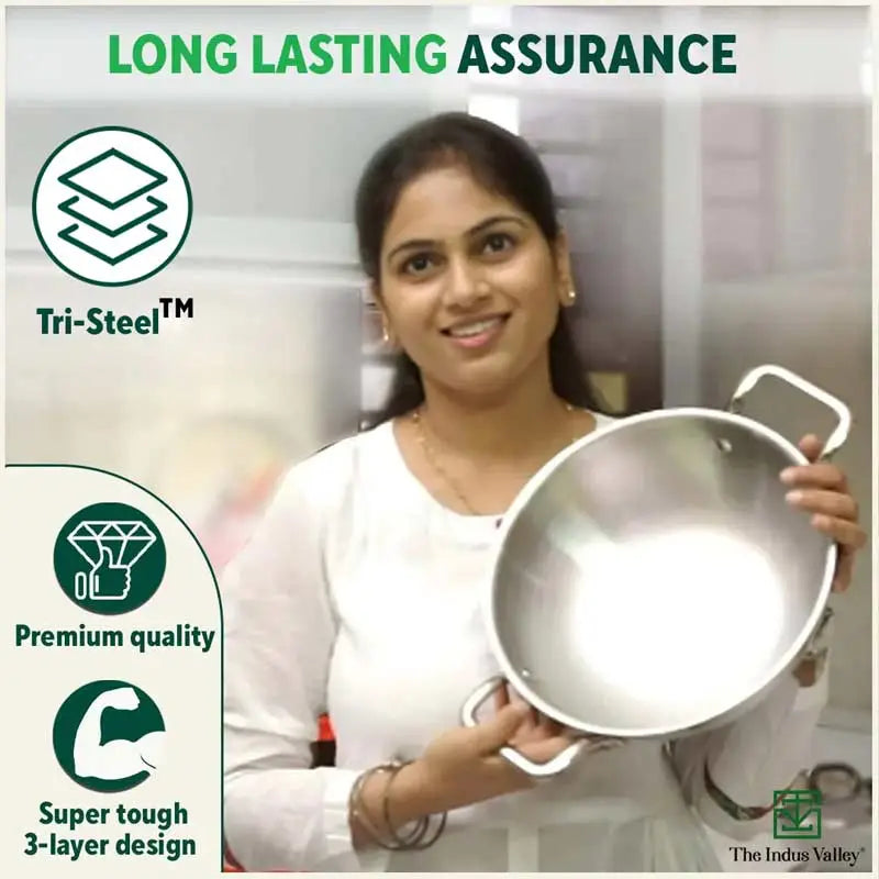 TurboCuk Tri-ply Stainless Steel Cookware Set: Kadai+ Fry Pan, Premium Quality, 3 Layer Thick Body, 100% Toxin-free, Non-stick, Induction & Gas, Free ₹600 Wood Chopping Board