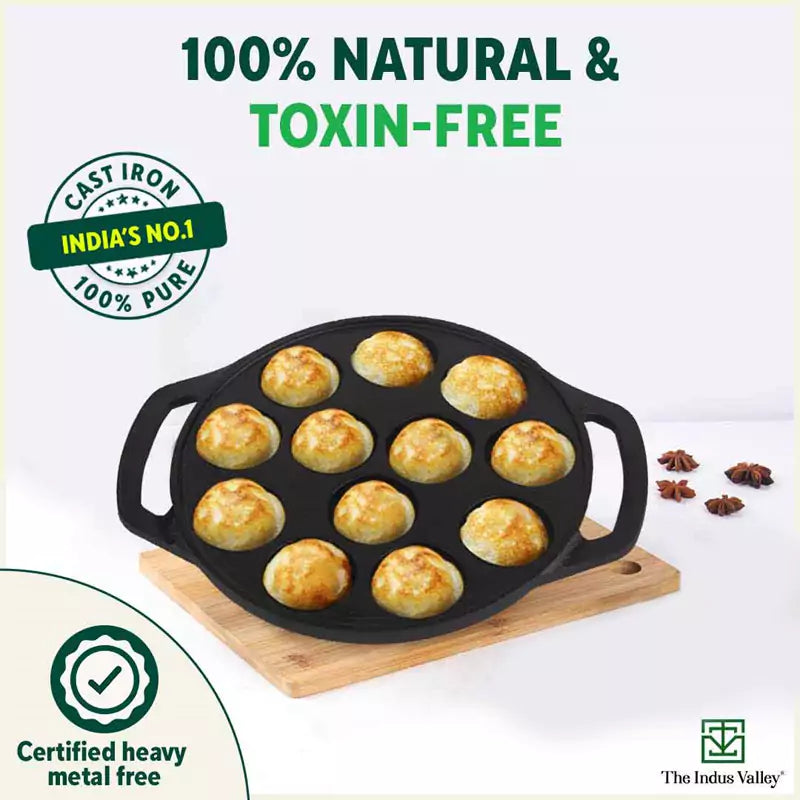 12 Pit/Cup CASTrong Cast Iron Paniyaram/Appe Pan, Pre-seasoned, Toxin-free, Free Cool Silicone Grip + Spatula, 21 cm, 2.2 kg