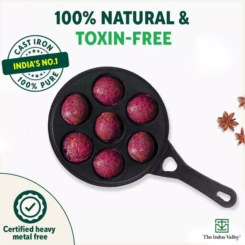 7 Pit/Cup CASTrong Cast Iron Paniyaram/Appe pan+ Free Spatula, Round, Long handle, Pre-seasoned, Nonstick, 100% Pure, Toxin-free, 21.5cm, 1.7kg