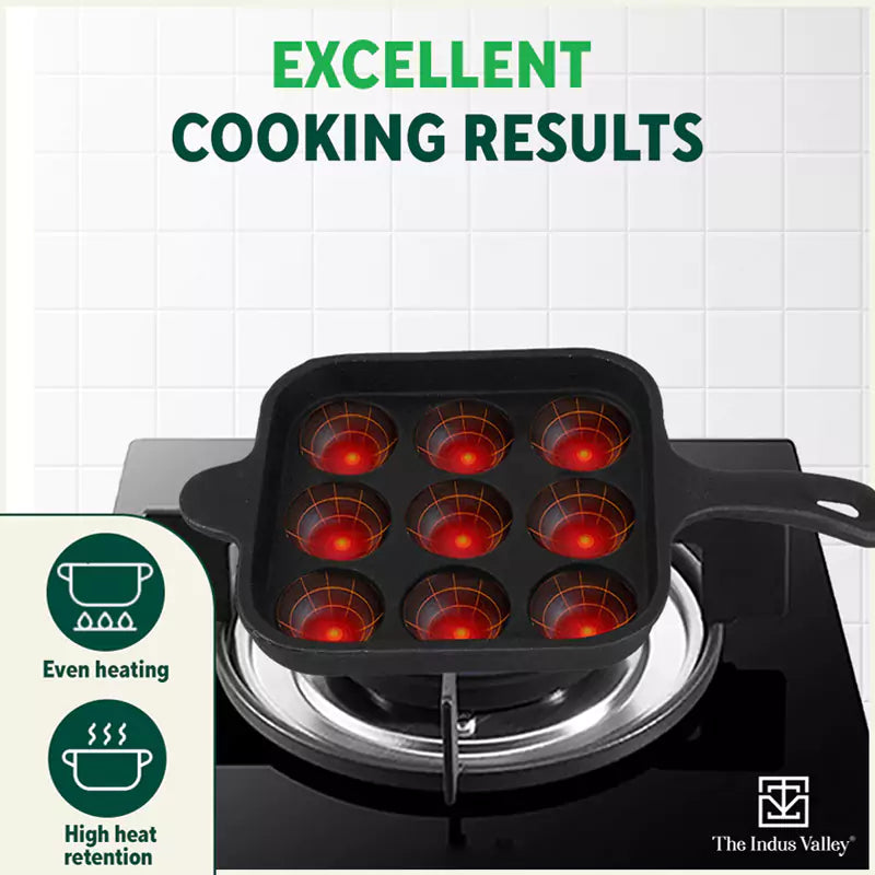 9 Pit/Cup CASTrong Cast Iron Paniyaram/Appe Pan+ Cool Silicone Grip, Pre-seasoned, Nonstick, 100% Pure, Toxin-free, 18cm, 2.4 kg