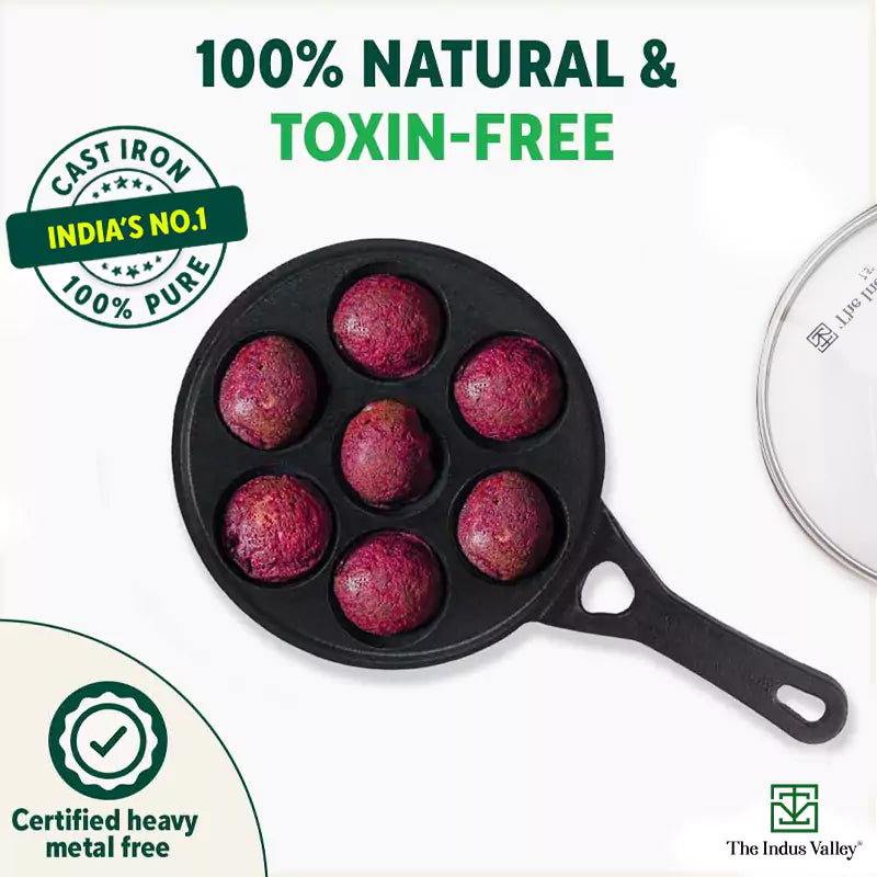 7 Pit/Cup CASTrong Cast Iron Paniyaram/Appe Pan+ Glass Lid, Pre-seasoned, Nonstick, 100% Pure, Toxin-free, 21 cm, 1.9 kg