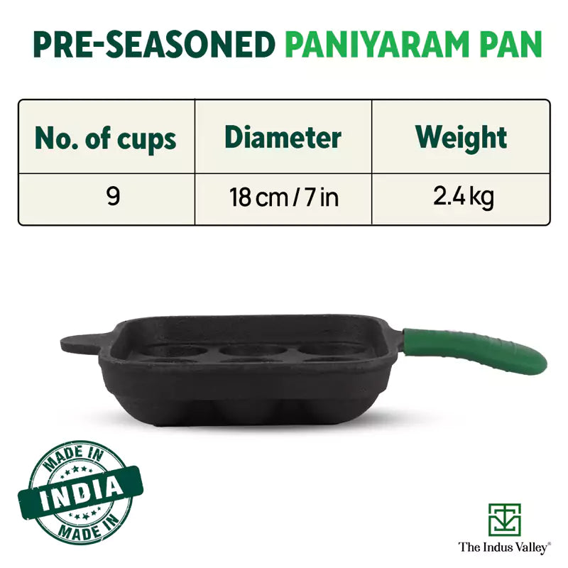9 Pit/Cup CASTrong Cast Iron Paniyaram/Appe Pan+ Cool Silicone Grip, Pre-seasoned, Nonstick, 100% Pure, Toxin-free, 18cm, 2.4 kg
