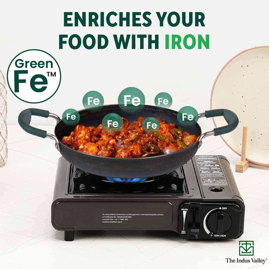 100% Pure Sheet Iron Kadai/ Jalebi/ Paella Pan, Silicone Cool Handles, Seasoned, Toxin-free, Induction, 25.4cm, 1.4L