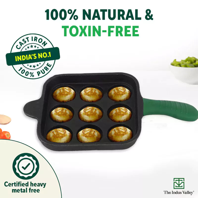 9 Pit/Cup CASTrong Cast Iron Paniyaram/Appe Pan+ Cool Silicone Grip, Pre-seasoned, Nonstick, 100% Pure, Toxin-free, 18cm, 2.4 kg