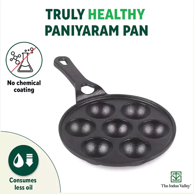7 Pit/Cup CASTrong Cast Iron Paniyaram/Appe pan+ Free Spatula, Round, Long handle, Pre-seasoned, Nonstick, 100% Pure, Toxin-free, 21.5cm, 1.7kg