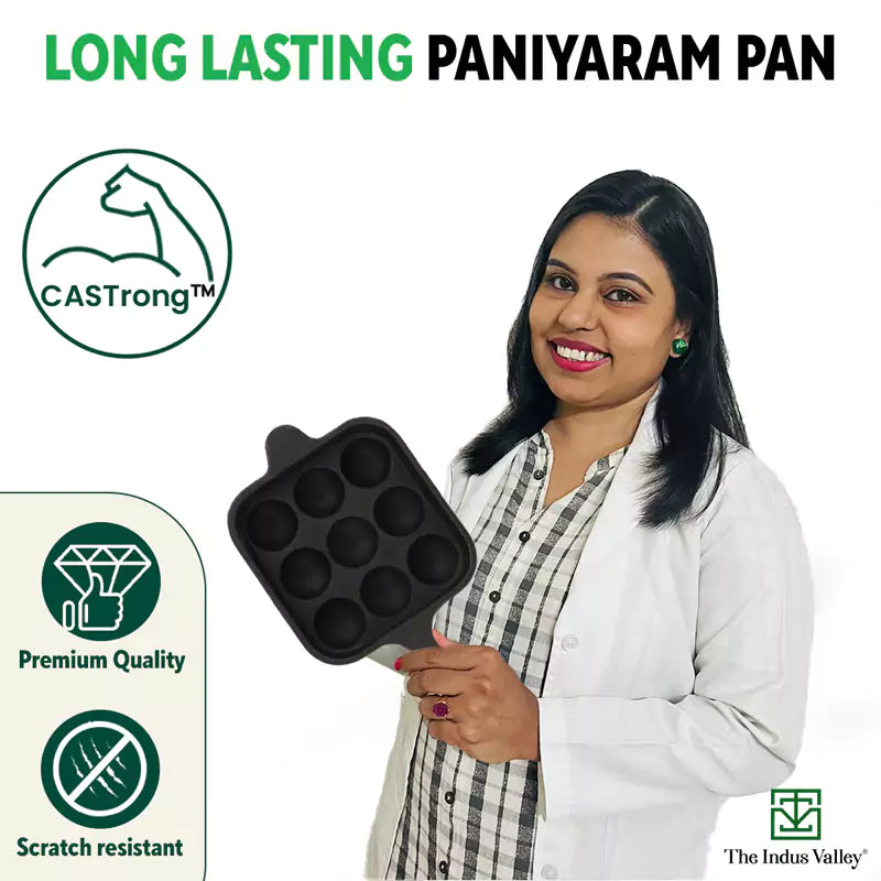 9 Pit/Cup CASTrong Cast Iron Paniyaram/Appe Pan+ Cool Silicone Grip, Pre-seasoned, Nonstick, 100% Pure, Toxin-free, 18cm, 2.4 kg