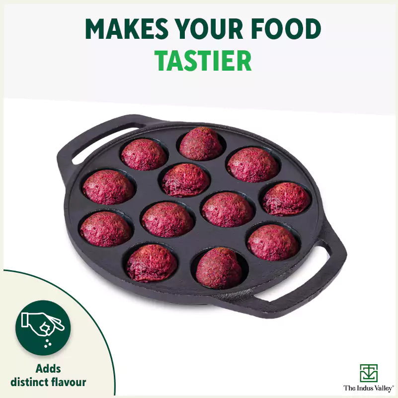 12 Pit/Cup CASTrong Cast Iron Paniyaram/Appe Pan, Pre-seasoned, Toxin-free, Free Cool Silicone Grip + Spatula, 21 cm, 2.2 kg