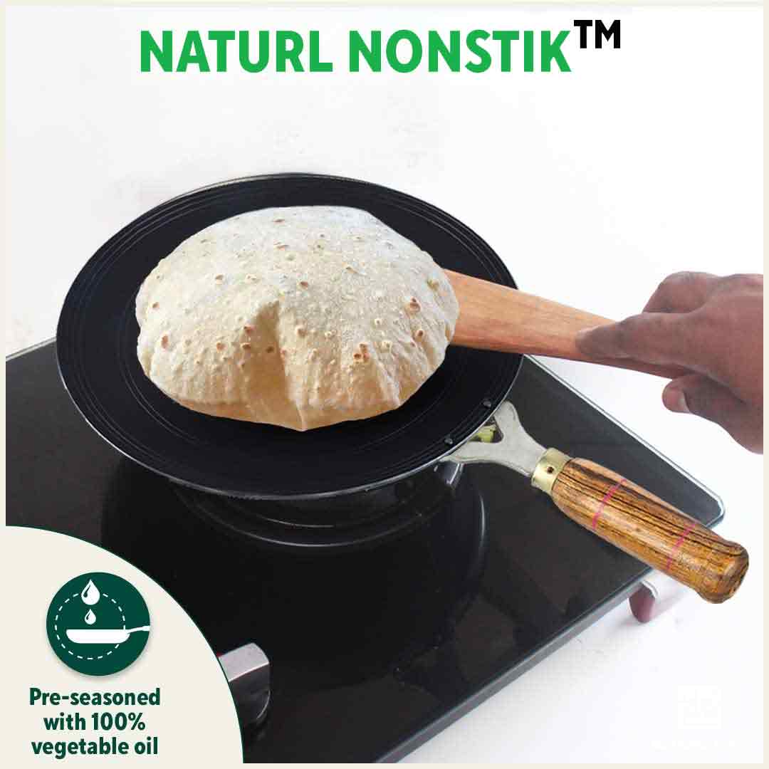 100% Pure Sheet Iron Tawa, Concave, Toxin-free, Seasoned, Wooden Handle, 25.5cm, 0.9kg