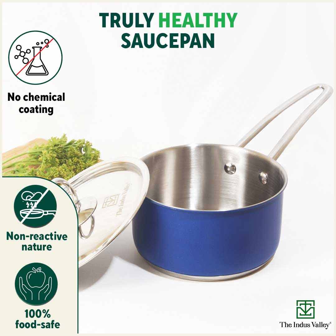Tri-Steel Premium Stainless Steel Saucepan/ Milk/ Tea Pan, Tri-ply (3 Layer) Induction Bottom, Steel Lid, 1.4L, Blue