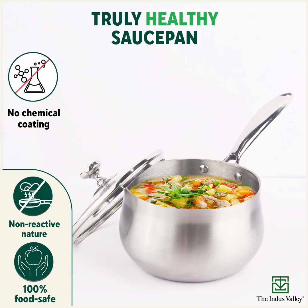 TurboCuk Tri-ply Stainless Steel Saucepan/ Milk/ Tea Pan+ Glass Lid, Premium Quality, 3 Layer Thick Body, 100% Toxin-free, Non-stick, Induction & Gas, 1.5/3.5L
