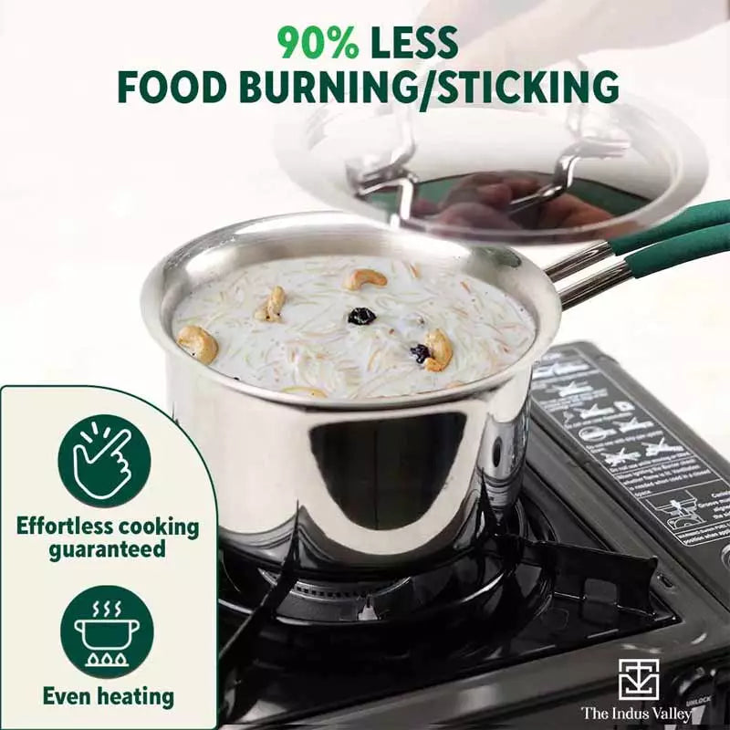 TurboCuk Tri-ply Stainless Steel Tea/Milk Pan/Saucepan+ Steel Lid, Premium Quality, 3 Layer Thick Body, 100% Toxin-free, Non-stick, Induction & Gas, 1.4/2/3L