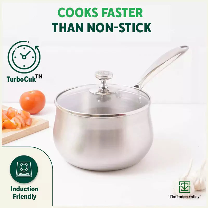 TurboCuk Tri-ply Stainless Steel Saucepan/ Milk/ Tea Pan+ Glass Lid, Premium Quality, 3 Layer Thick Body, 100% Toxin-free, Non-stick, Induction & Gas, 1.5/3.5L
