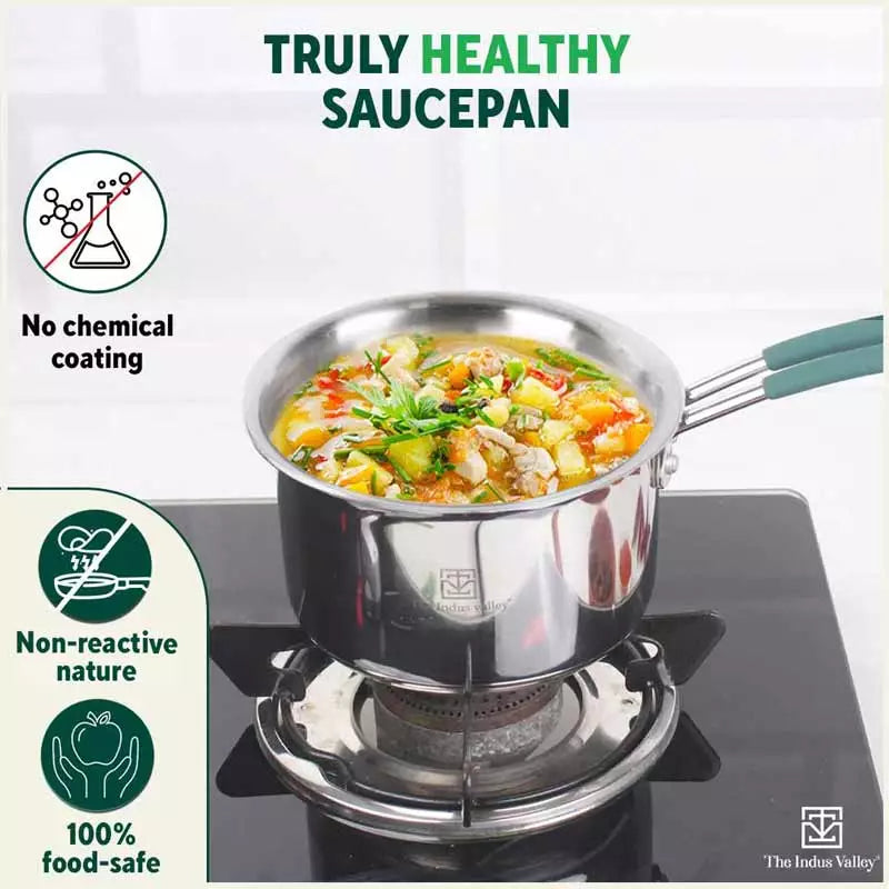 TurboCuk Tri-ply Stainless Steel Tea/Milk Pan/Saucepan+ Steel Lid, Premium Quality, 3 Layer Thick Body, 100% Toxin-free, Non-stick, Induction & Gas, 1.4/2/3L