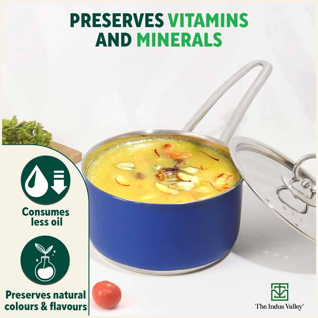 Tri-Steel Premium Stainless Steel Saucepan/ Milk/ Tea Pan, Tri-ply (3 Layer) Induction Bottom, Steel Lid, 1.4L, Blue