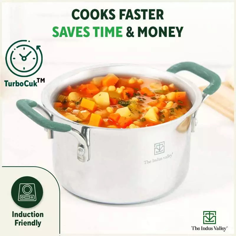 TurboCuk Tri-ply Stainless Steel Casserole/Biryani Cooking Pot, Premium Quality, 3 Layer Thick Body, Cool Silicone Handles, 100% Toxin-free, Non-stick, Induction & Gas, 1.4L