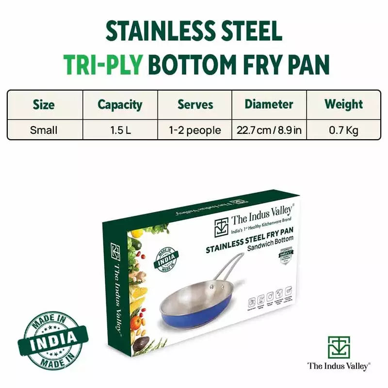 Tri-Steel Premium Stainless Steel Fry Pan, Tri-ply (3 Layer) Induction Bottom, 1.5L, Blue