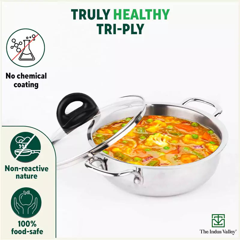 TurboCuk Tri-ply Stainless Steel Deep Fry Pan+ Glass Lid, Premium Quality, 3 Layer Thick Body, 100% Toxin-free, Non-stick, Induction & Gas, 20.3cm, 1.5 L, 1.38kg