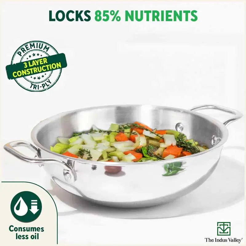 TurboCuk Tri-ply Stainless Steel Cookware Set: Kadai+ Fry Pan, Premium Quality, 3 Layer Thick Body, 100% Toxin-free, Non-stick, Induction & Gas, Free ₹600 Wood Chopping Board