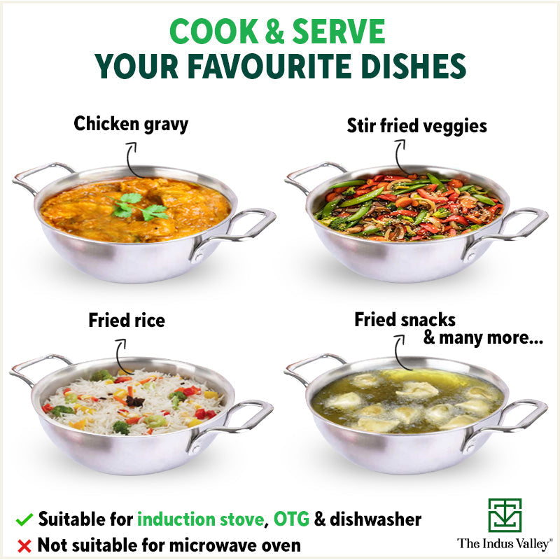 TurboCuk Tri-ply Stainless Steel Kadai, Premium Quality, 3 Layer Thick Body, 100% Toxin-free, Non-stick, Induction & Gas, Free ₹110 Spatula, 1.7/2.7/4L