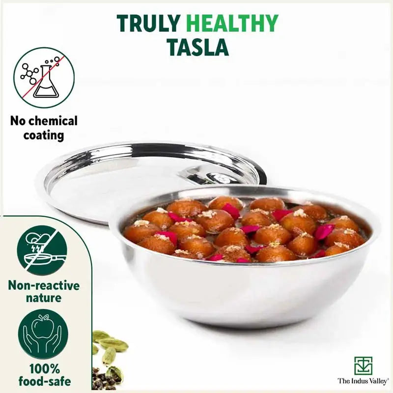 TurboCuk Tri-ply Stainless Steel Tasla/Tasra/ Patila+ Steel Lid, Cook & Serve, Premium Quality, 3 Layer Thick Body, 100% Toxin-free, Non-stick, Induction & Gas, 1.6/1.7/3.2L