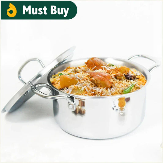 TurboCuk Tri-ply Stainless Steel Casserole/ Biryani Cooking Pot+ Steel Lid, Premium Quality, 3 Layer Thick Body, 100% Toxin-free, Non-stick, Induction & Gas, 3.1L