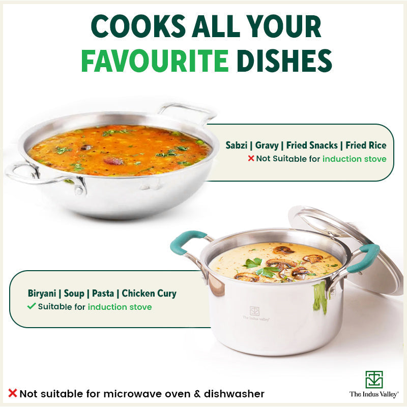 TurboCuk Tri-ply Stainless Steel Cokware Set: Kadai+ Biryani Pot, Premium Quality, 3 Layer Thick Body, 100% Toxin-free, Non-stick, Induction & Gas, Free ₹600 Wooden Board