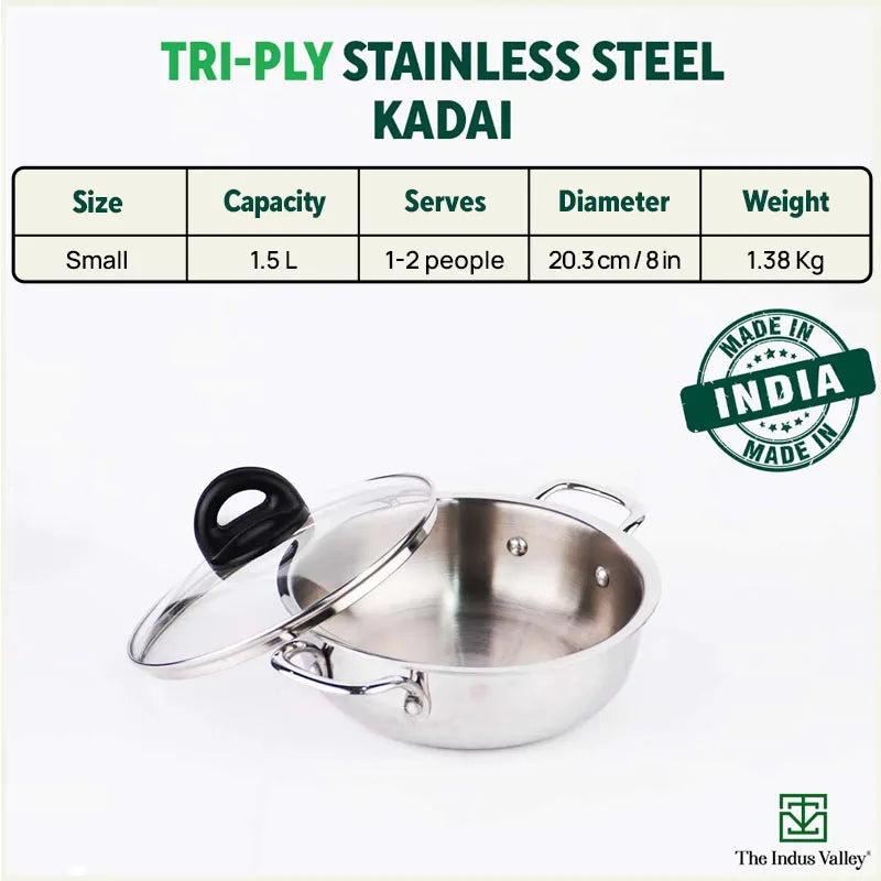 TurboCuk Tri-ply Stainless Steel Deep Fry Pan+ Glass Lid, Premium Quality, 3 Layer Thick Body, 100% Toxin-free, Non-stick, Induction & Gas, 20.3cm, 1.5 L, 1.38kg