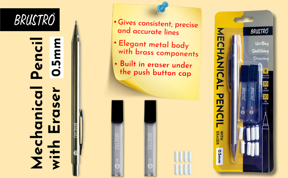 BRUSTRO Mechanical Pencil Set | HB-20 leads, 2B-20 leads, Spare eraser- 8 units|Tip size- 0.5 mm |Ideal for Students,Adults, Home,School,Office,Stationery Use |Writing, Sketching, Drawing, Mandala Art